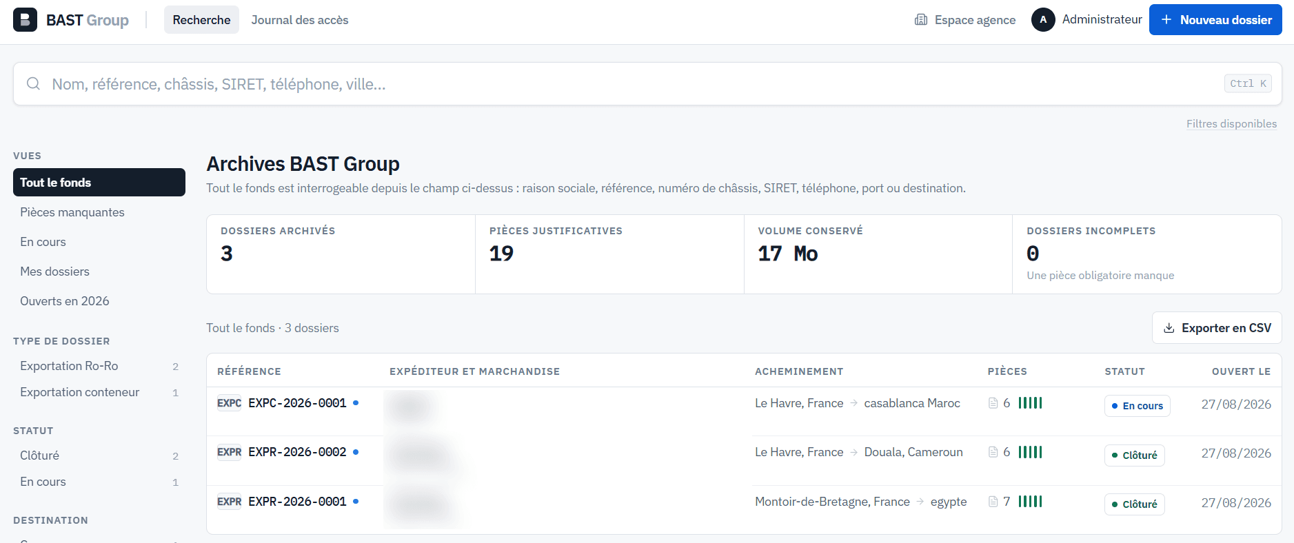 Écran Archives de BAST Group : barre de recherche sur tout le fonds, vues par statut et type de dossier, tableau des dossiers avec pièces justificatives et statut.